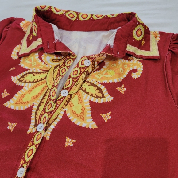 Elegant Red and Gold Women's Dress Size XL Button Up Down Graphic Print Collar - Picture 3 of 16